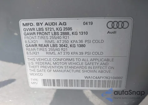 2019 Audi Sq5 3.0T Premium z USA, uszkodzony, nr VIN WA1C4AFY7K2104992